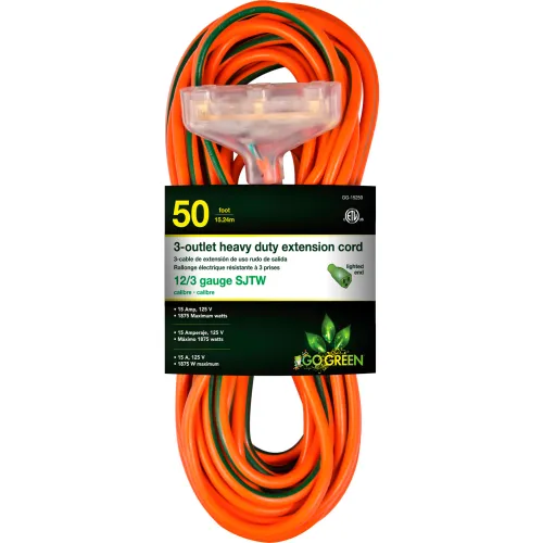 GoGreen Power, 12/3 50' 3-Outlet Heavy Duty Extension Cord, GG-15250,  Lighted End