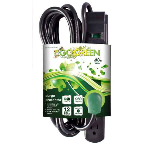Surge Protected Power Strip, 6 Outlets, 15A, 250 Joules, 12' Cord, Black