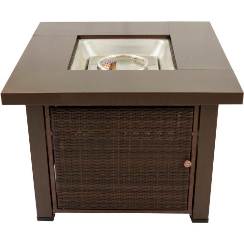 Pleasant Hearth Rio Wicker Gas Fire Pit Table With Lid 40000 BTU - Hammered Bronze