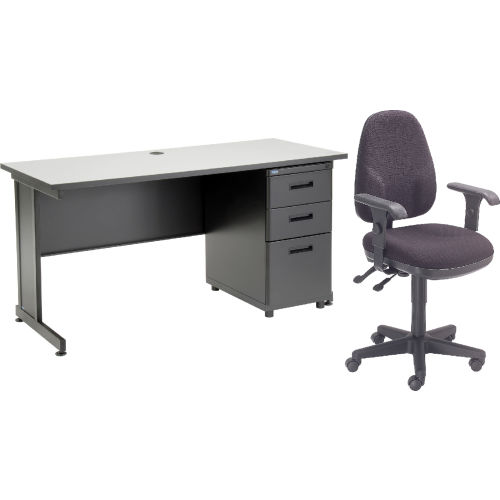 Interion&#174; Office Desk and Fabric Chair Bundle with 3 Drawer Pedestal - 60"W x 24" - Gray