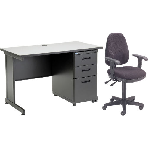 Interion® Office Desk and Fabric Chair Bundle with 3 Drawer Pedestal - 48" x 24" - Gray