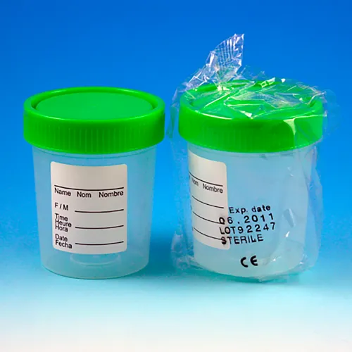 Graduated 4 oz. Specimen Container, Green Screwcap and ID Label, Sterile, Polypropylene, 100/Pack