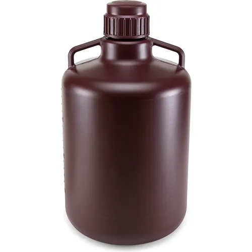 Carboy, Round with Handles, Amber HDPE, Amber Polypropylene Screwcap, 20 Liter, Molded Graduations