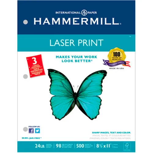 Laser Copy Paper 3 Hole Punched Hammermill 107681 White 81/2" x 11" 24 lb. 500 Sheets
