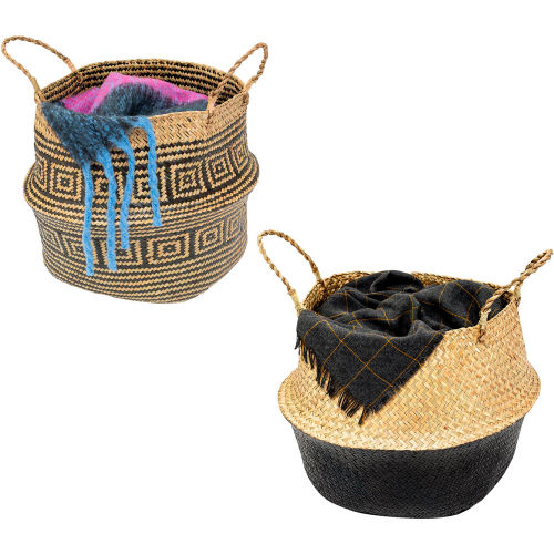 HoneyCanDo® 2Piece Folding Seagrass Belly Baskets Black/Natural