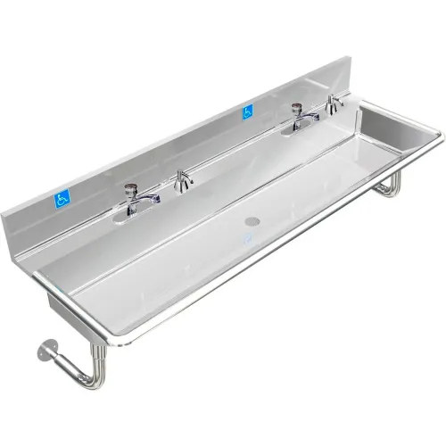 BSM Inc. ADA SS Sink, 2 Station with Metering Faucet, Round Tubes, 60"L