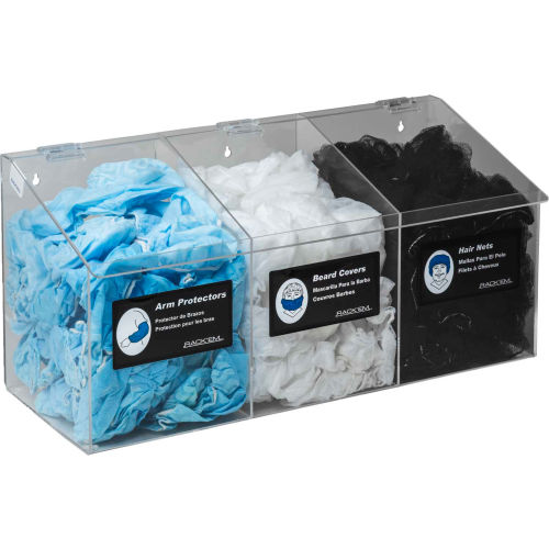Horizon Mfg. 3-Compartment Hair Net/Beard Cover/Shoe Cover/Arm Protector Dispenser, Clear
