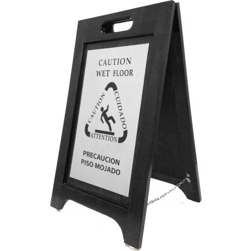 Wooden Bilingual Wet Floor Sign Black Finish Nickel Plate Pkg Qty 2