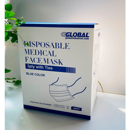 Disposable Medical Face Mask, 3-Ply with Ties, Individually Wrapped, Blue, 50/Box