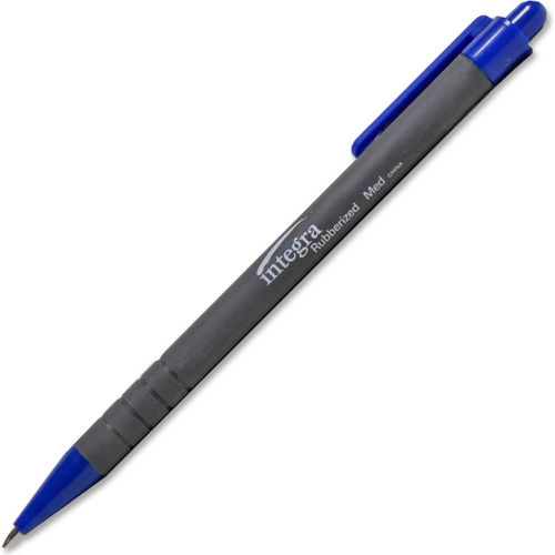 Integra™ Ballpoint Retractable Pen, Rubberized Barrel, Medium, Blue Ink, Dozen