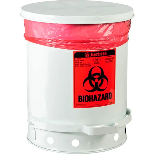 Justrite® Round Biohazard Waste Can, Steel, 10 Gallon Capacity, White