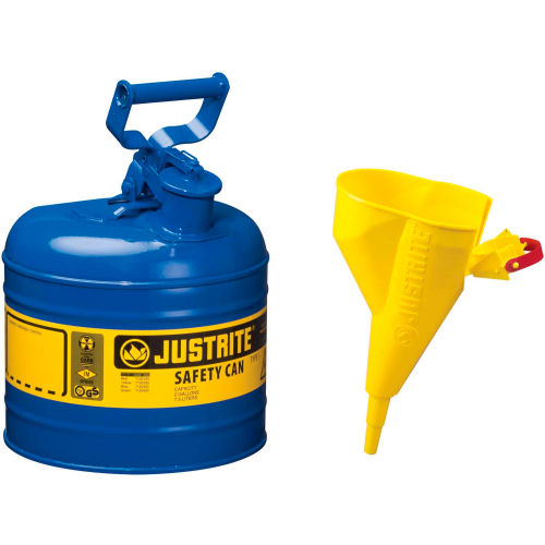 Justrite&#174; Type I Steel Safety Can With Funnel, 2 Gallon (7.5L), Self-Close Lid, Blue, 7120310