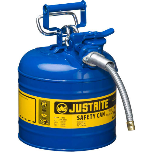 Justrite® Type II AccuFlow™ Steel Safety Can, 2 Gal., 5/8" Metal Hose, Blue, 7220320