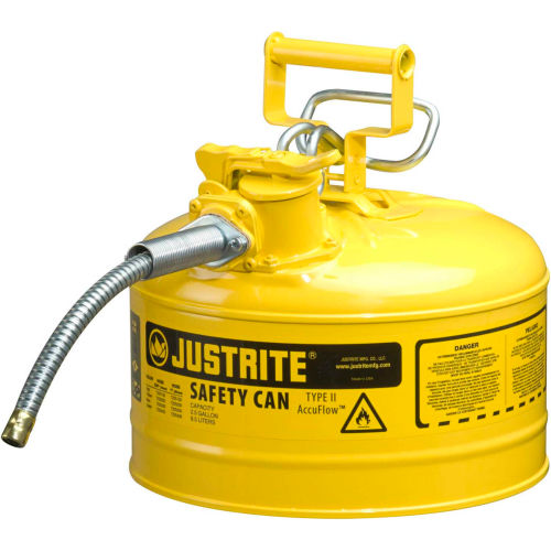 Justrite® Type II AccuFlow™ Steel Safety Can, 2.5 Gal., 5/8" Metal Hose, Yellow, 7225220