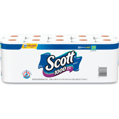 Scott® 1000 Bathroom Tissue, Septic Safe, 1-Ply, White, 1000 Sheet/Roll, 20/Pack