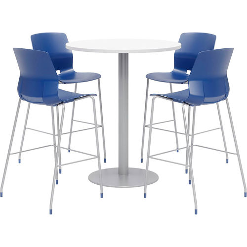 KFI 36" Round Bistro Table & 4 Barstool Set - Designer White Table Top with Navy Stools