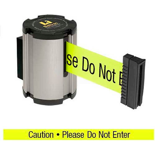 Lavi Industries Wall Mount Retractable Belt Barrier, Satin Case W/15' Neon Yellow "Caution" Belt