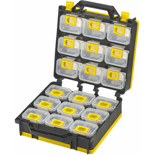 ShopSol 1010496 Bin Compartment Case - 2 Sided, 18 Locking Bins, 26"L x 12"W x 3"H - Black/Yellow