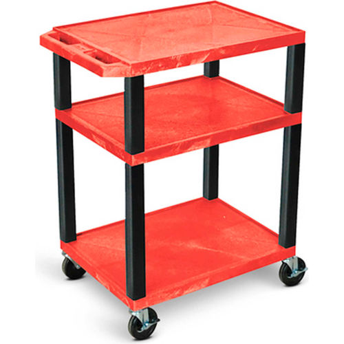 Luxor AV Cart, 42&quot;H, Three Shelves, Black Legs, Red Shelves, 300 Lbs Capacity