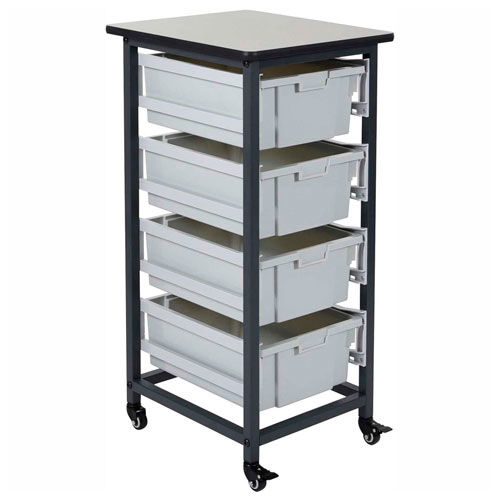 Luxor Mobile Bin Cart with Four 6"H Totes MBS-SR-4L - Gray/Black, 19-1/2"L x 17"W x 37-1/4"H