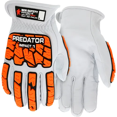 MCR Safety Predator Gloves, Impact 1, Goatskin, CutPro A9, Orange/White, M