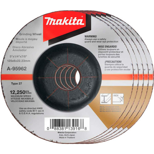 Makita&#174; INOX Grinding Wheel, 36 Grit, Type 27, 5" Dia x 1/4"T x 7/8" Cntr Hole Dia, 25/Pk
