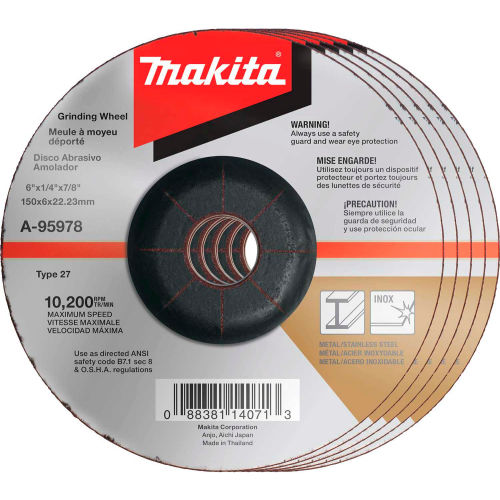 Makita&#174; INOX Grinding Wheel, 36 Grit, Type 27, 6" Dia x 1/4"T x 7/8" Cntr Hole Dia, 25/Pk
