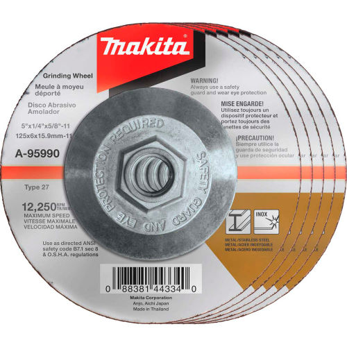 Makita&#174; Hubbed INOX Grinding Wheel, 36 Grit, Type 27, 5"Dia x 1/4"T x 5/8-11" Ctr HoleDia-25/Pk