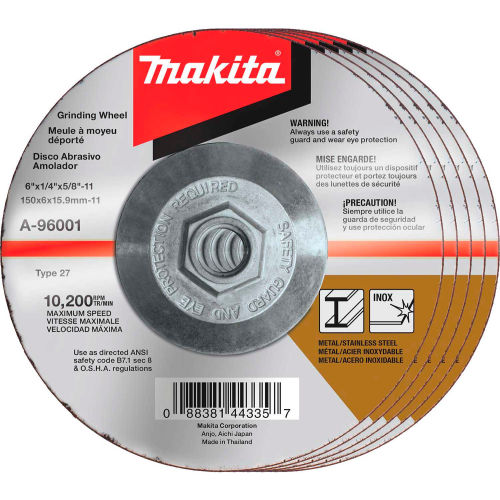 Makita® Hubbed INOX Grinding Wheel, 36 Grit, Type 27, 6"Dia x 1/4"T x 5/8-11" Ctr HoleDia-25/Pk