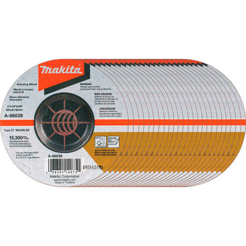 Makita® INOX Grinding Wheel, 36 Grit, Type 27, 4" Dia x 1/4"T x 5/8" Cntr Hole Dia, 25/Pk