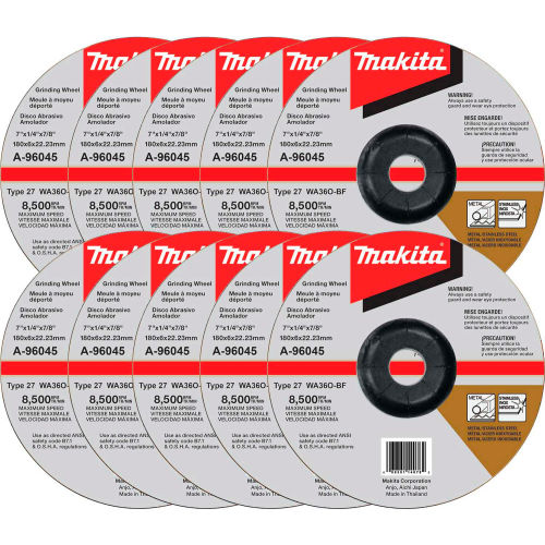 Makita® INOX Grinding Wheel, 36 Grit, Type 27, 7" Dia x 1/4"T x 7/8" Cntr Hole Dia, 10/Pk