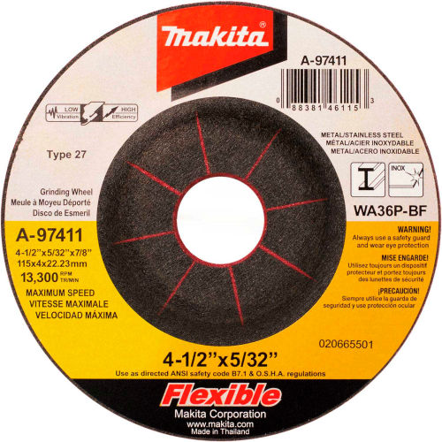 Makita® INOX Flex Grinding Wheel, 36 Grit, Type 27, 4-1/2"Dia x 5/32" x 7/8" Cntr HoleDia-25/Pk