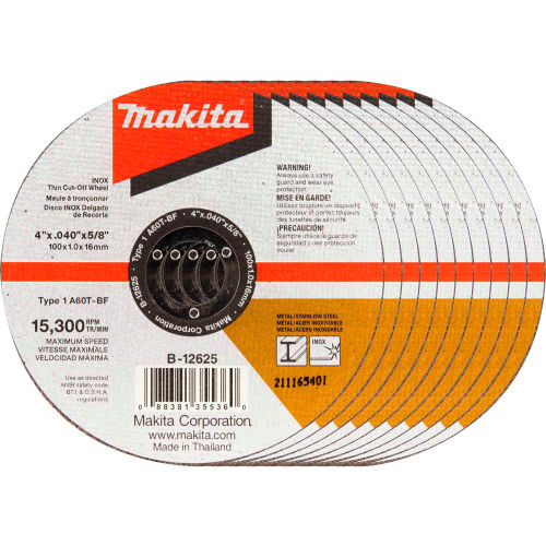 Makita&#174; INOX Thin Cut-Off Wheel, 60 Grit, Type 27, 4" Dia x 1/25"T x 5/8" Cntr Hole Dia, 10/Pk