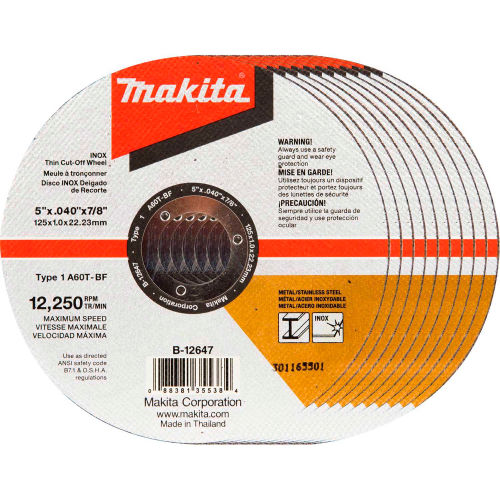 Makita&#174; INOX Thin Cut-Off Wheel, 60 Grit, Type 1, 5" Dia x 1/25"T x 7/8" Cntr Hole Dia, 10/Pk