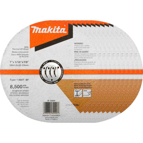 Makita® INOX Thin Cut-Off Wheel, 60 Grit, Type 1, 7" Dia x 1/16"T x 7/8" Cntr Hole Dia, 10/Pk