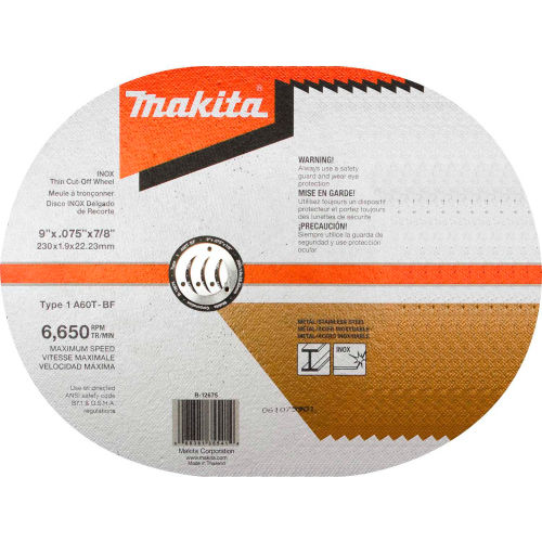 Makita® INOX Thin Cut-Off Wheel, 60 Grit, Type 1, 9" Dia x 5/64"T x 7/8" Cntr Hole Dia, 10/Pk