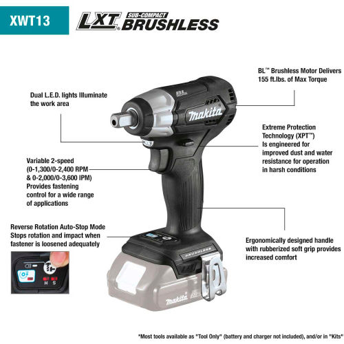Makita® Cordless 1/2" Sq. Drive Impact Wrench Tool, 18V LXT® Li-Ion, Sub-Cmpt Brushless