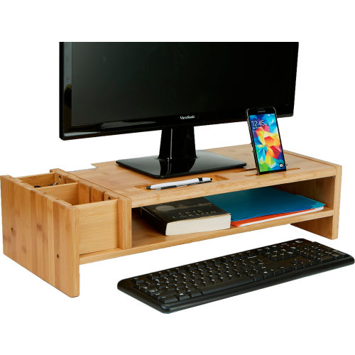 Mind Reader Bamboo Monitor Stand Riser with Storage, Brown