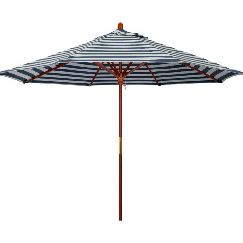 California Umbrella 9' Patio Umbrella - Navy White Cabana Stripe - Hardwood Pole - Grove Series