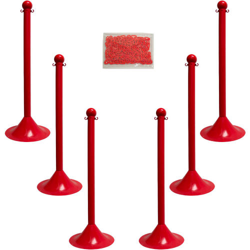 Mr. Chain Light Duty Plastic Stanchion Kit With 2&quot;x50'L Chain, 41&quot;H, Red, 6 Pack