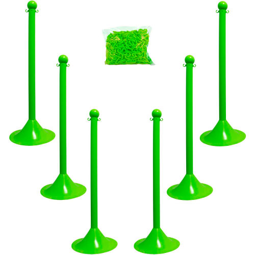 Mr. Chain Light Duty Plastic Stanchion Kit With 2&quot;x50'L Chain, 41&quot;H, Safety Green, 6 Pack