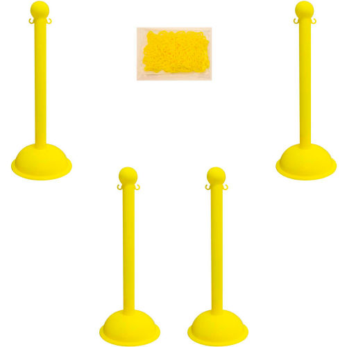 Mr. Chain Heavy Duty Plastic Stanchion Kit With 2"x50'L Chain, 41"H, Yellow, 4 Pack