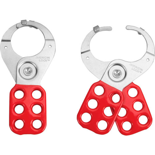 Master Lock® ALO802 Safety Hasp, 1-1/2" diameter steel jaws with locking tabs, Red