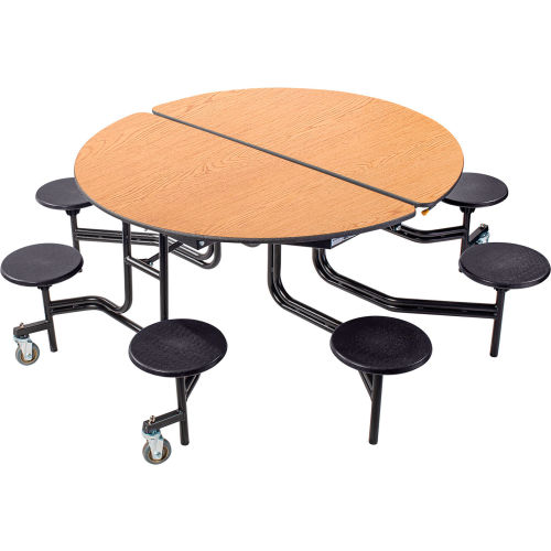 NPS® 60" Round Mobile Cafeteria Table With Stools, Oak Top/Black Stools