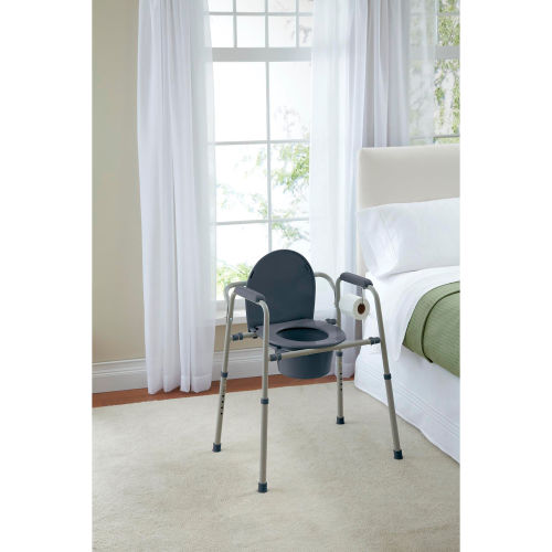 Medline Knockdown Steel Bedside Commode w/ Microban, 350 lb. Capacity
