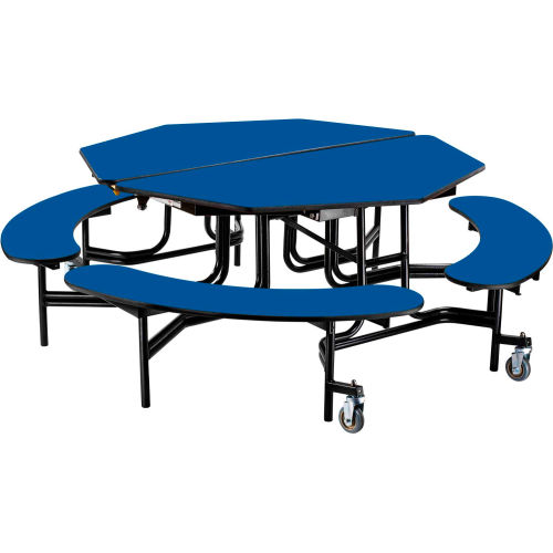 NPS® Mobile Cafeteria Table w/Benches, 60" Octagon, Blue Top, Black Frame