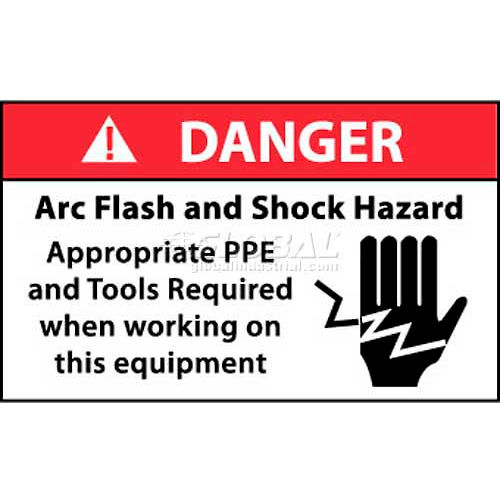 NMC DGA61AP Arc Flash Labels, Danger Arc Flash & Shock Hazard Appropriate PPE, 3&quot; X 5&quot;, Wht/Rd/Blk