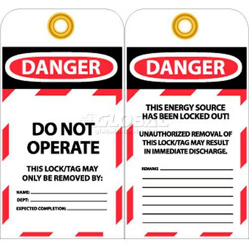 NMC LOTAG36-25 Tags, Danger Do Not Operate, 6&quot; X 3&quot;, White/Red/Black, 25/Pk
