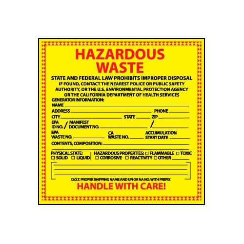 Hazardous Waste Vinyl Labels State Of California