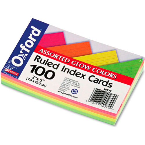 Oxford® Rule Index Cards 40279, 3" x 5", Glow Assorted, 100/Pack